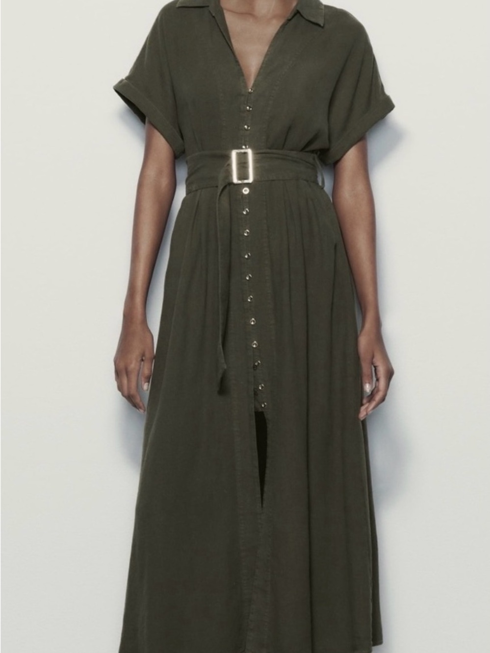 Zara Linen-Blend Olive Button-Front Shirt Maxi Dress with Belt - Picture 2 of 12